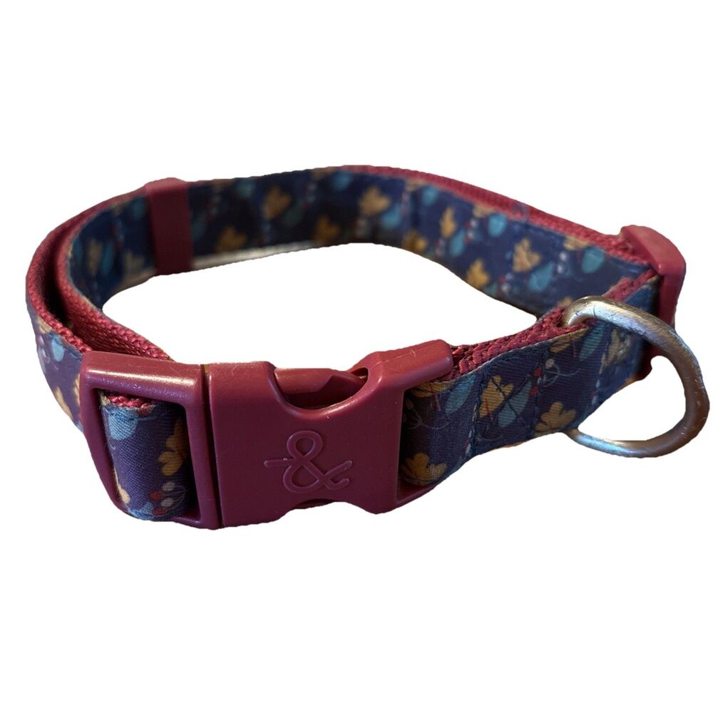 Large Dog Collar Blue Nylon Leaf Print 16”-22” Plastic Clasp Metal D-ring
